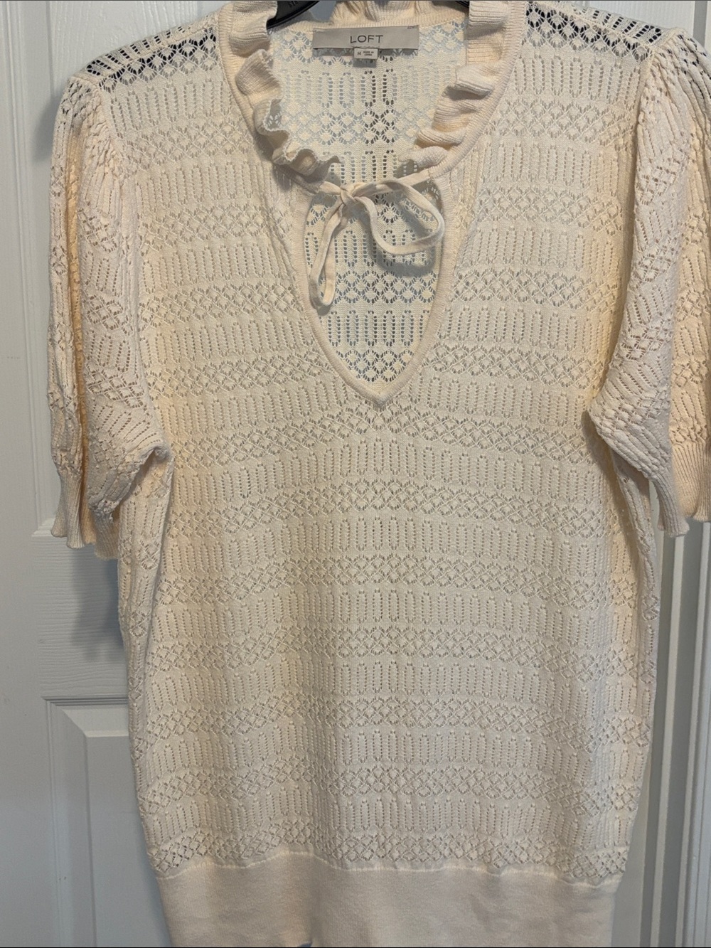 LOFT Cream Openwork Ruffle Tie-Front Short Sleeve Sweater